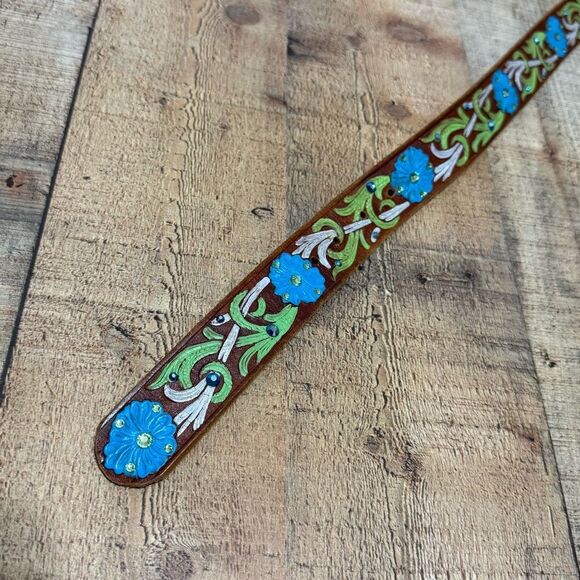 Floral painted tooled leather belt with rhinestone bling detail main image 5